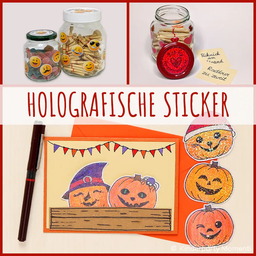 Bastelideen für DIY Sticker mit holografischer Folie Gläser lachenden Emoji-Stickern und Herzen sowie eine Karte mit Halloween-Kürbissen und Wimpelkette, dazu drei runde Kürbis-Sticker mit Holografieeffekt