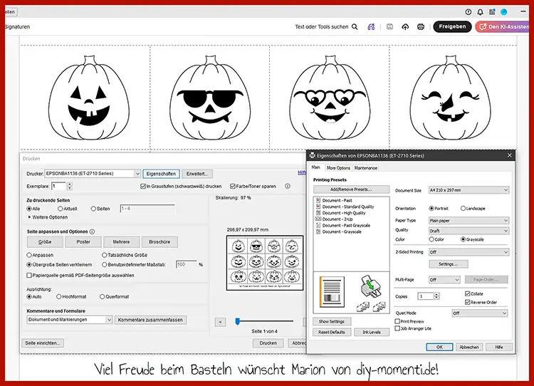 Einstellungen zum Ausdrucken von Sticker Vorlagen auf Etikettenpapier Screenshot von Druckereinstellungen zum Ausdrucken von Kürbis Vorlagen für Sticker