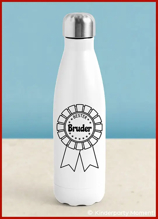 Weiße Trinkflasche mit silbernem Schraubverschluss und Aufdruck einer Schleife mit dem Text 'Bester Bruder'